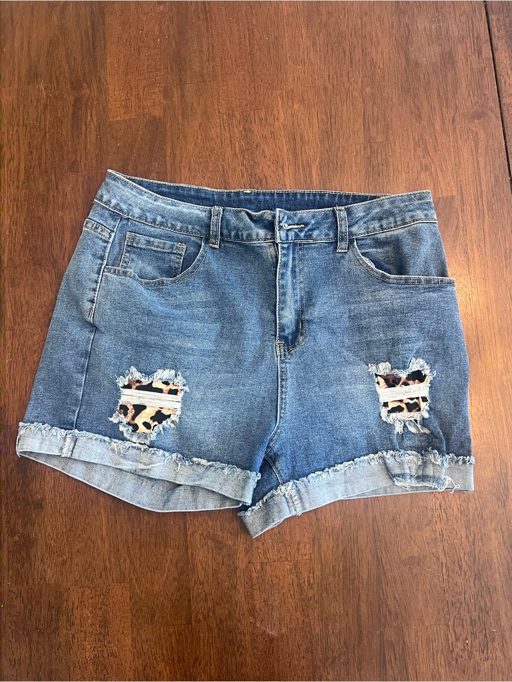 SHEIN Blue Denim High-Rise Distressed Shorts with Leopard Panels